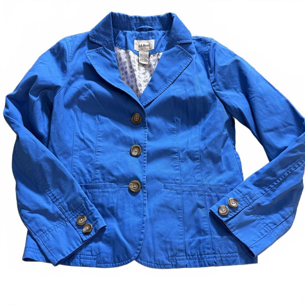 LL BEAN Royal Blue Cotton Lined 3-Button Blazer SZ 10 Petite Preppy Cottage Core